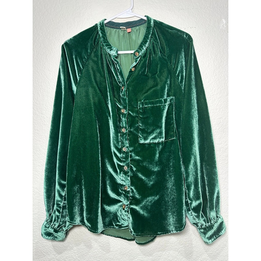 Pilcro and the Letterpress Emerald Green Velvet Button Down Blouse Womens Medium